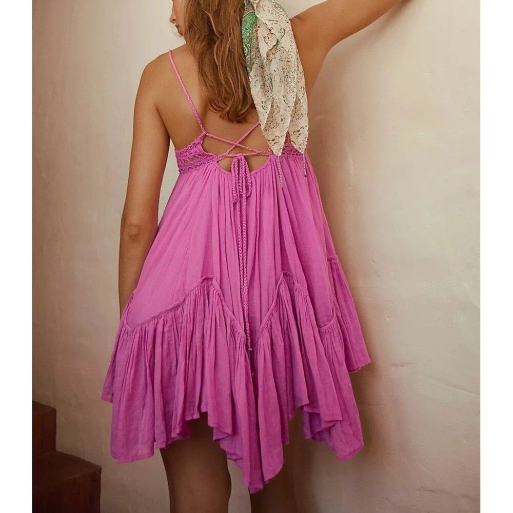 Free People Free-Est Sandoll Cotton Mini Dress Crochet Zigzag Tiered M 287402 - Picture 4 of 7